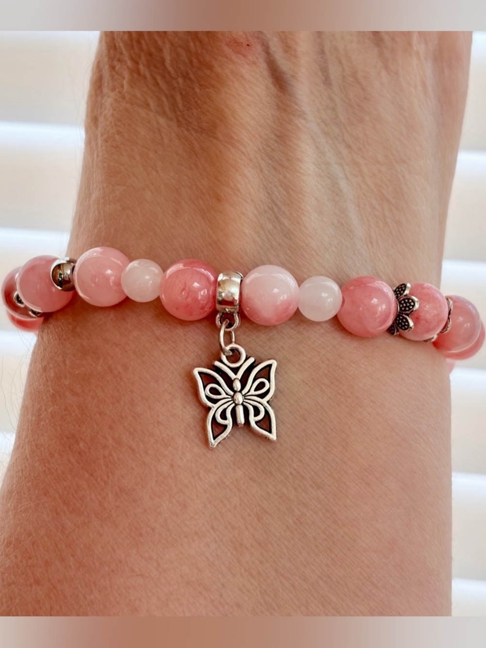 Pink Beaded Butterfly Charm Bracelet.Persian Jade,Moonstone.Love,self-acceptance